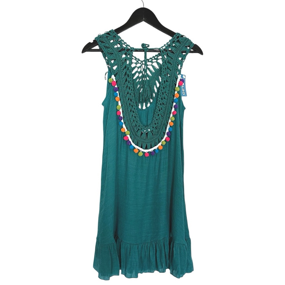 NWT Aolro Teal Crochet Pom Pom Swim Coverup or Dress Small Resortcore Fringe